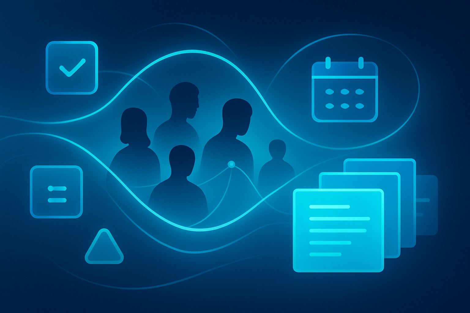Modern digital workspace with glowing data streams, geometric shapes, and collaborative silhouettes.