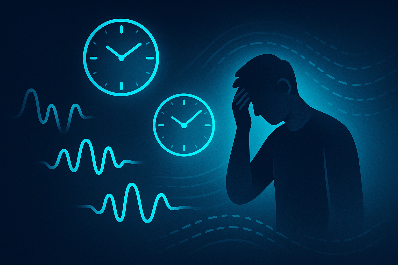 Modern flat illustration depicting call center metrics with glowing waveforms, clocks, and data streams.