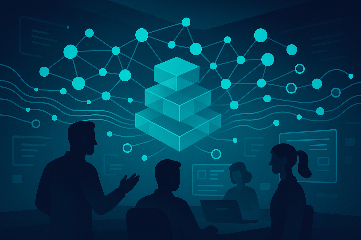 Modern flat illustration of a command center with interconnected nodes, data streams, and collaborative figures.