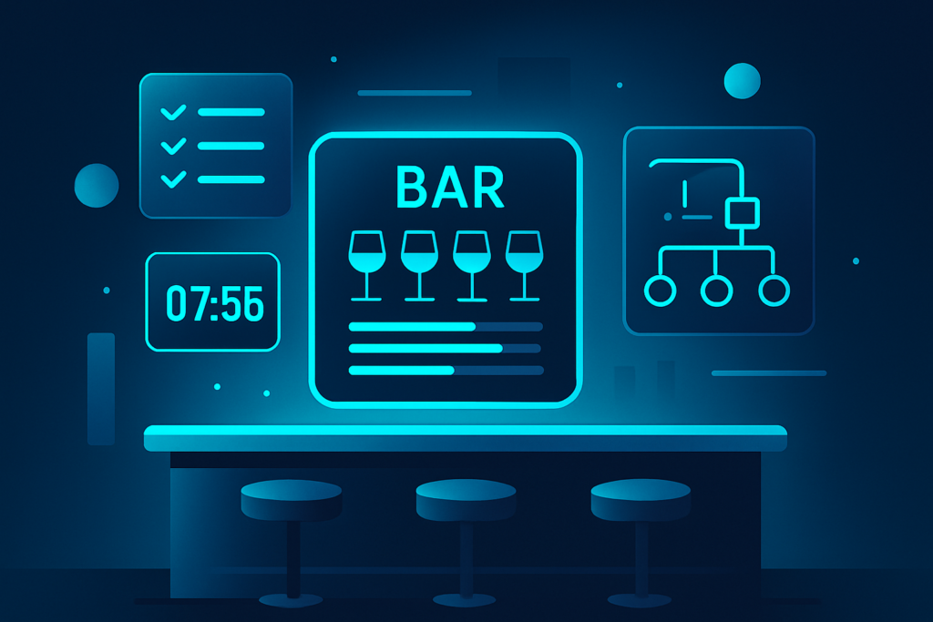 Modern flat illustration of a control center with floating geometric shapes in neon blue and cyan.
