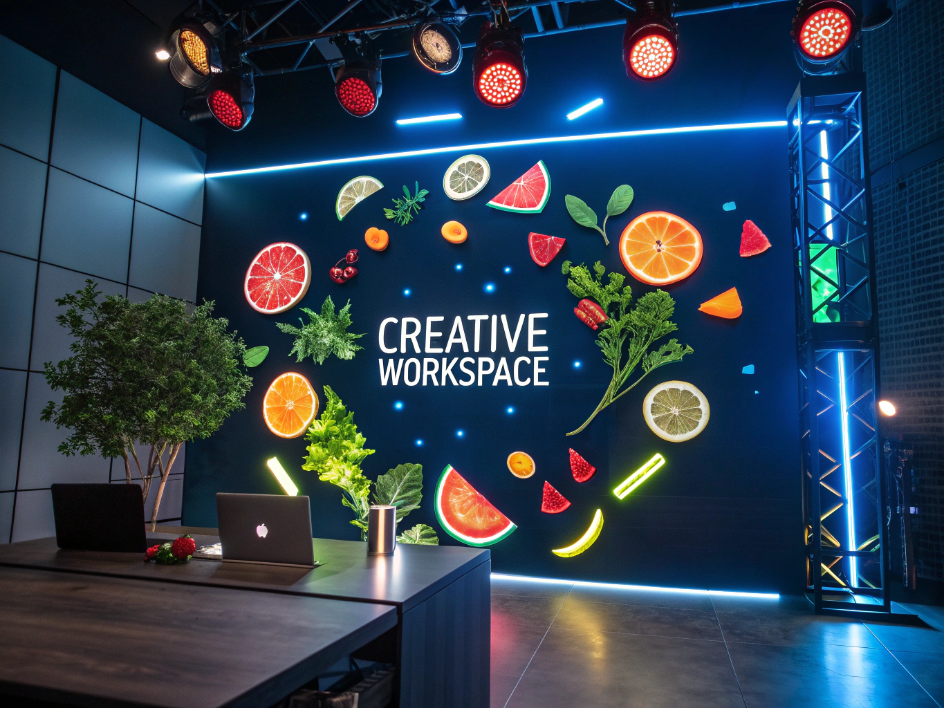 Modern flat illustration of a creative workspace with vibrant food fragments and glowing text on dark background.