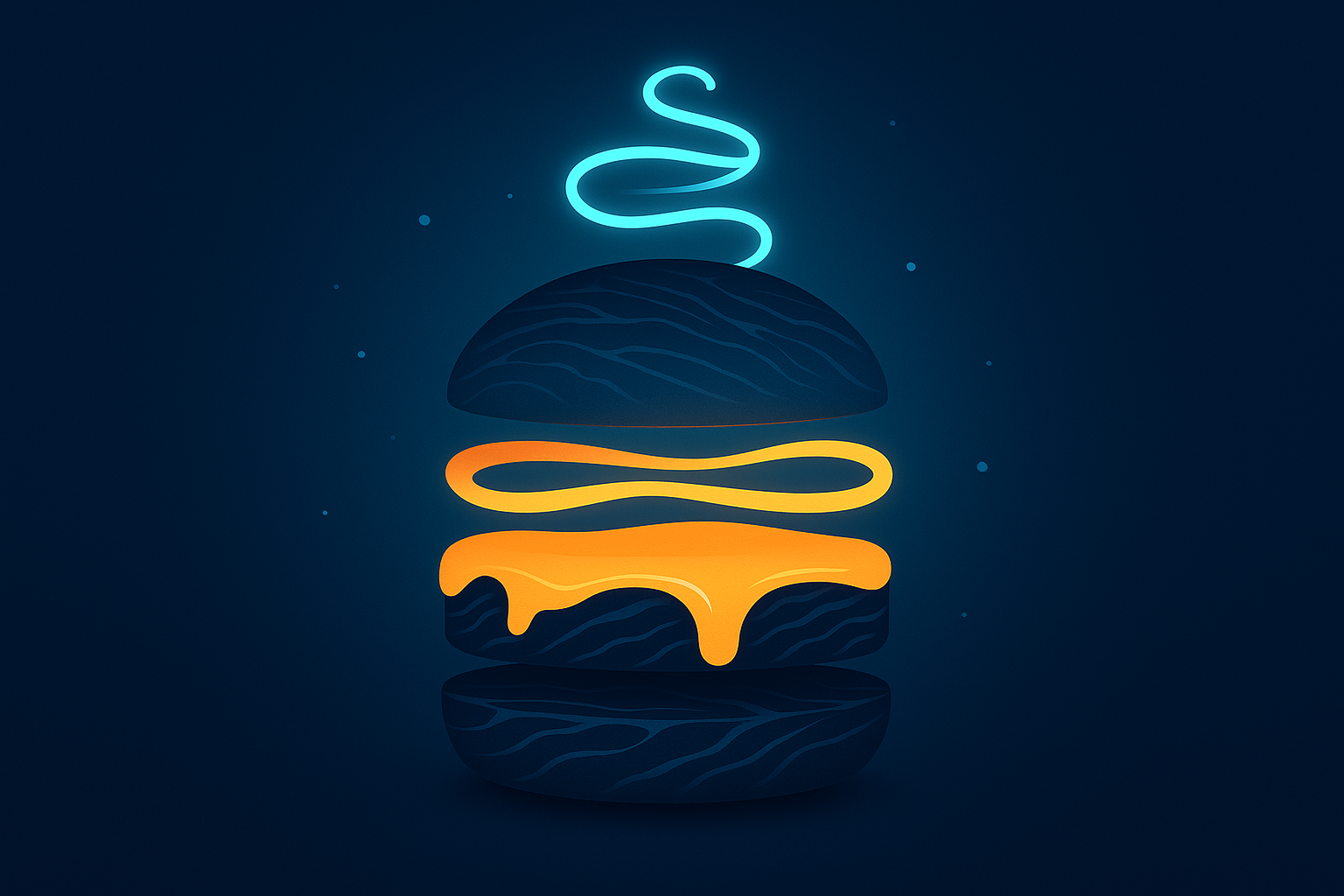 Modern flat illustration of abstract marbled waves, glowing amber ribbons, and luminous sauce spirals.