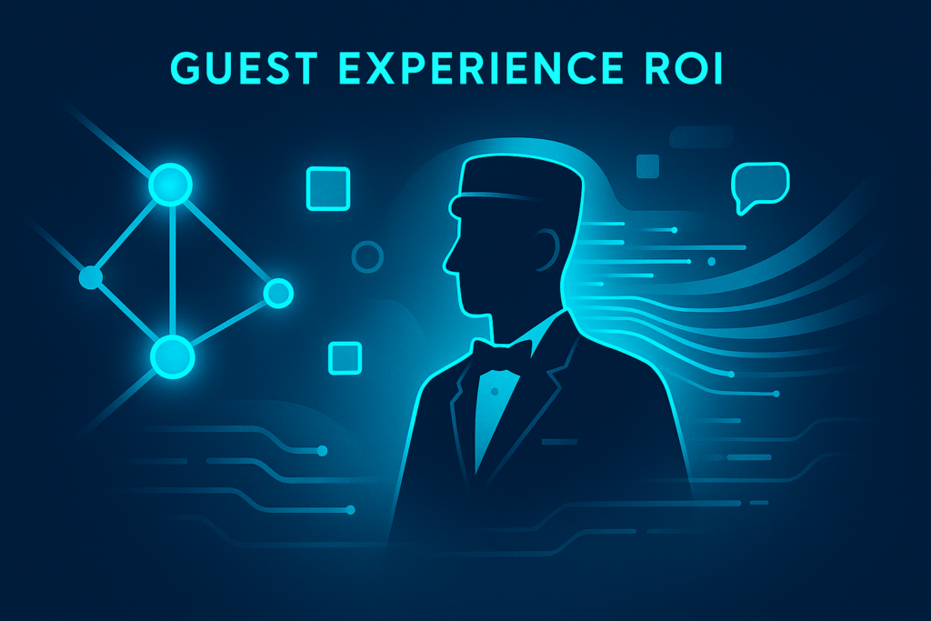 Modern flat illustration of concierge, data streams, glowing nodes, and geometric shapes on dark blue background.
