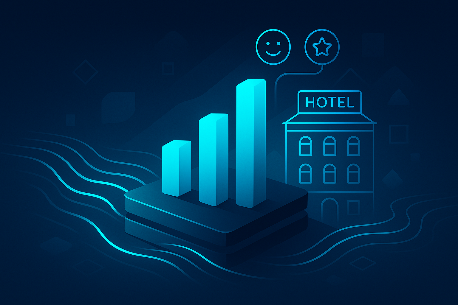 Modern flat illustration of connected data streams, hotel silhouette, and growth icons in neon blue.