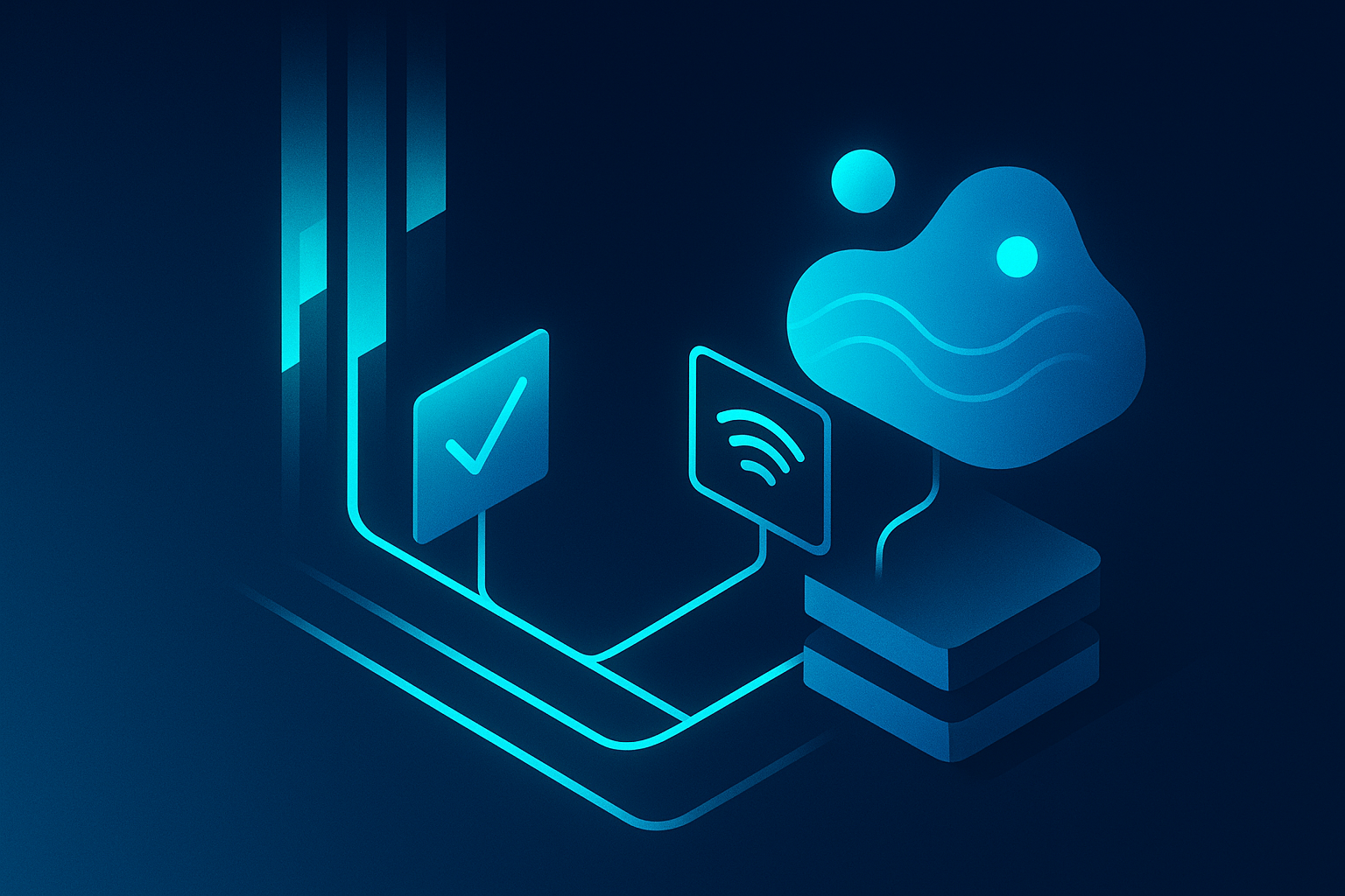 Modern flat illustration of data streams, geometric shapes, icons, and luminous connections in dark blue and cyan.
