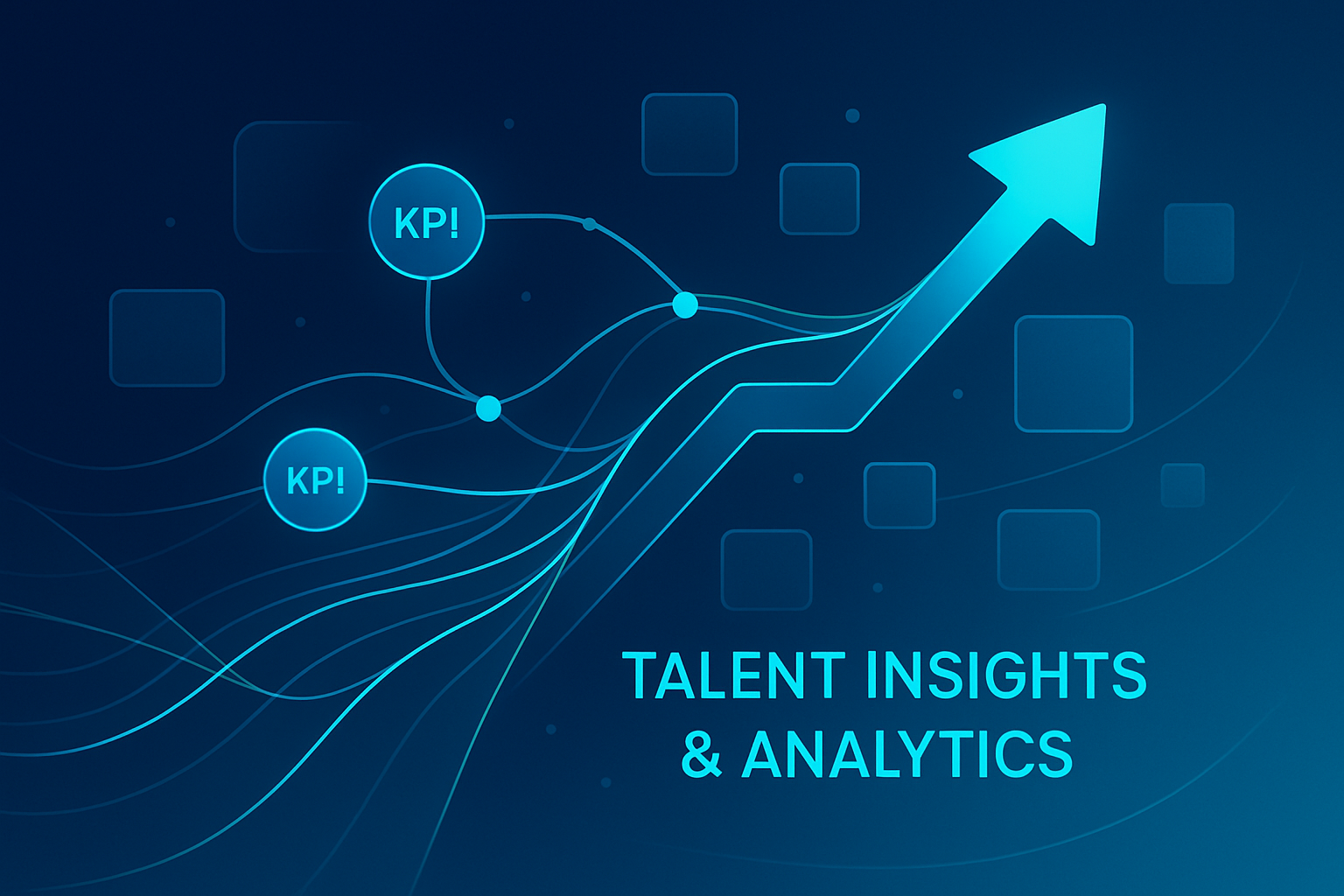 Modern flat illustration of data streams, KPI nodes, and an upward arrow on dark blue background.