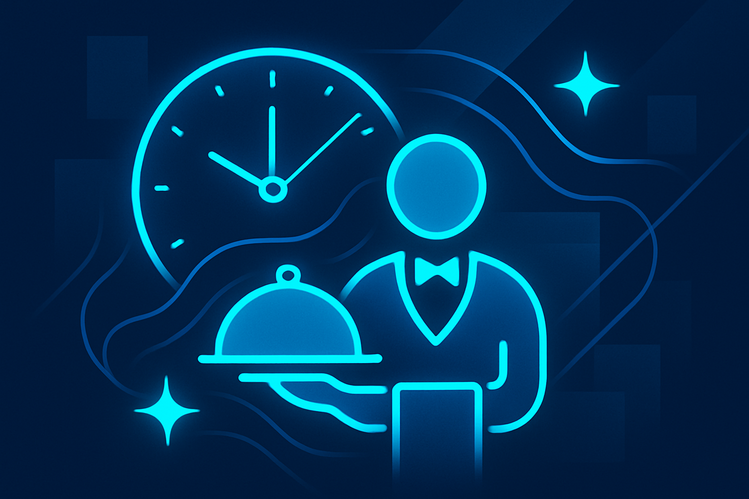 Modern flat illustration of glowing clock hands, flowing lines, and geometric shapes on dark blue background.