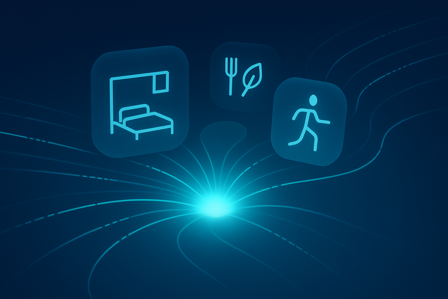 Modern flat illustration of glowing cyan data streams converging into a neon-lit core with floating guest preference icons over a dark gradient background.