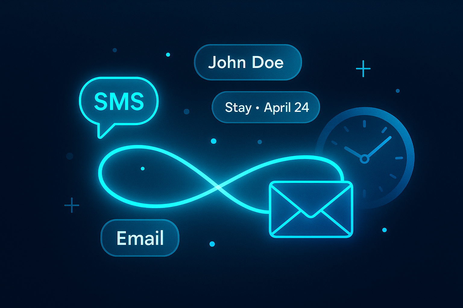 Modern flat illustration of glowing interconnected lines, data points, and a clock in a dark digital ecosystem.