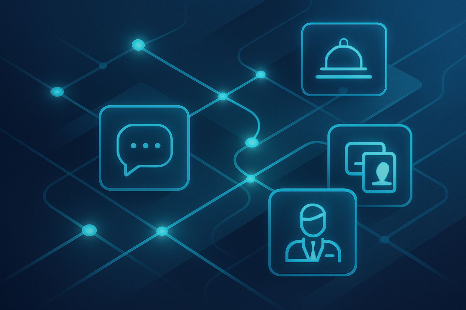Modern flat illustration of interconnected glowing nodes and geometric shapes representing hotel departments with neon cyan accents.
