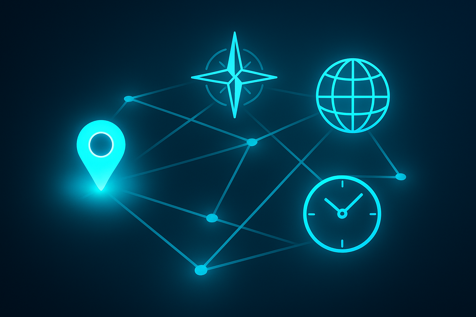 Modern flat illustration of interconnected hospitality icons: map pin, compass, globe, clock on dark neon background.