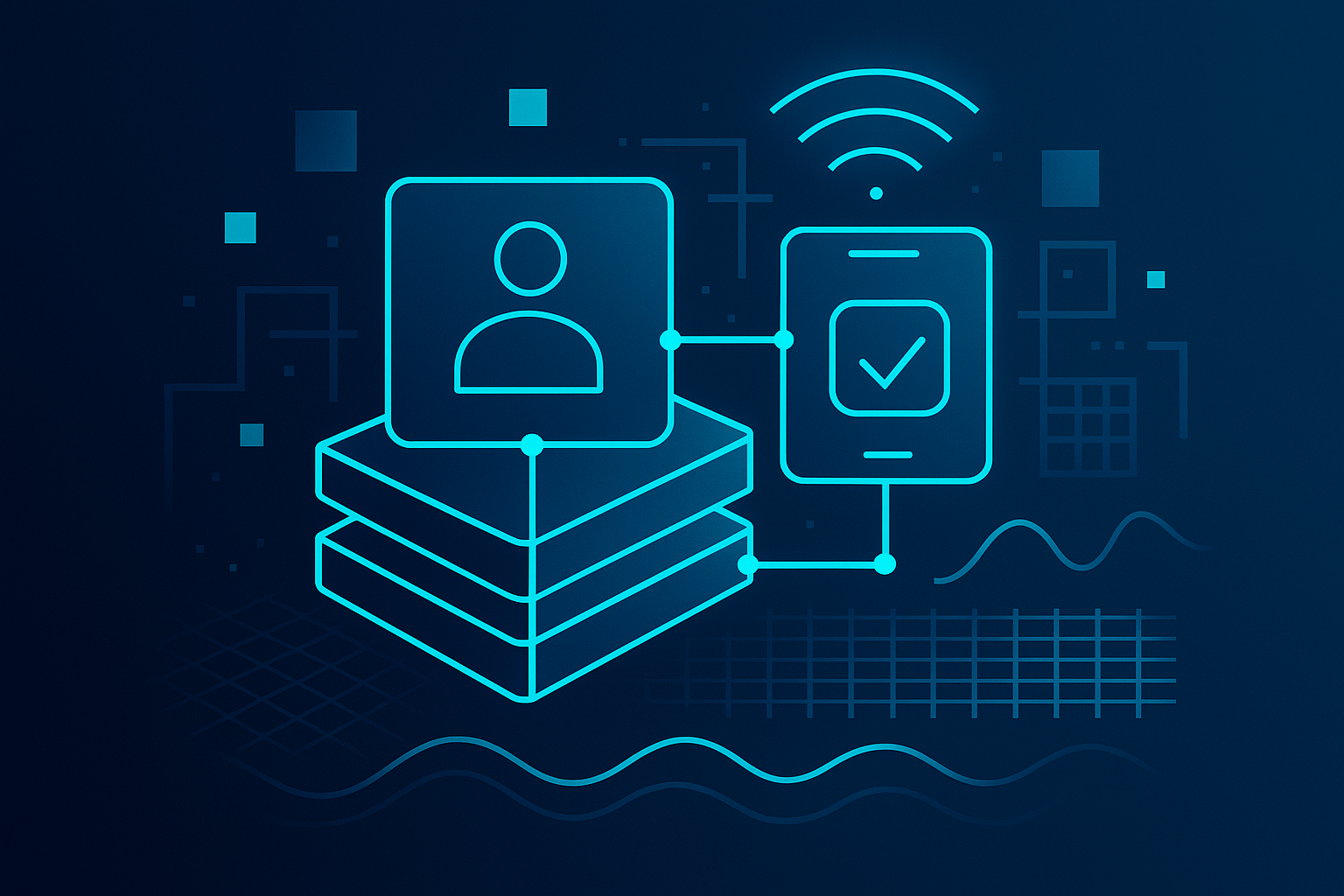 Modern flat illustration of interconnected network nodes, digital grids, and WiFi waveforms in neon blue tones.