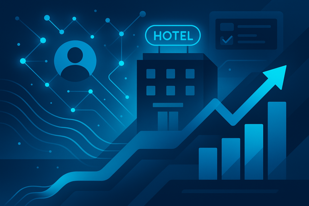 Modern flat illustration of interconnected nodes, data streams, and hotel icons on a dark, neon-lit background.
