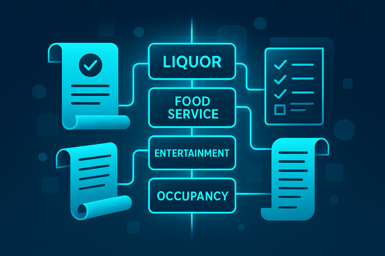 Modern flat illustration of layered licenses, glowing compliance lines, and digital checklists on dark blue background.