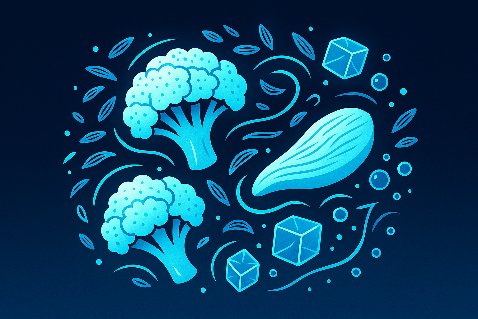 Modern flat illustration of spices, cauliflower, chicken, ice shards, bubbles with neon glow.