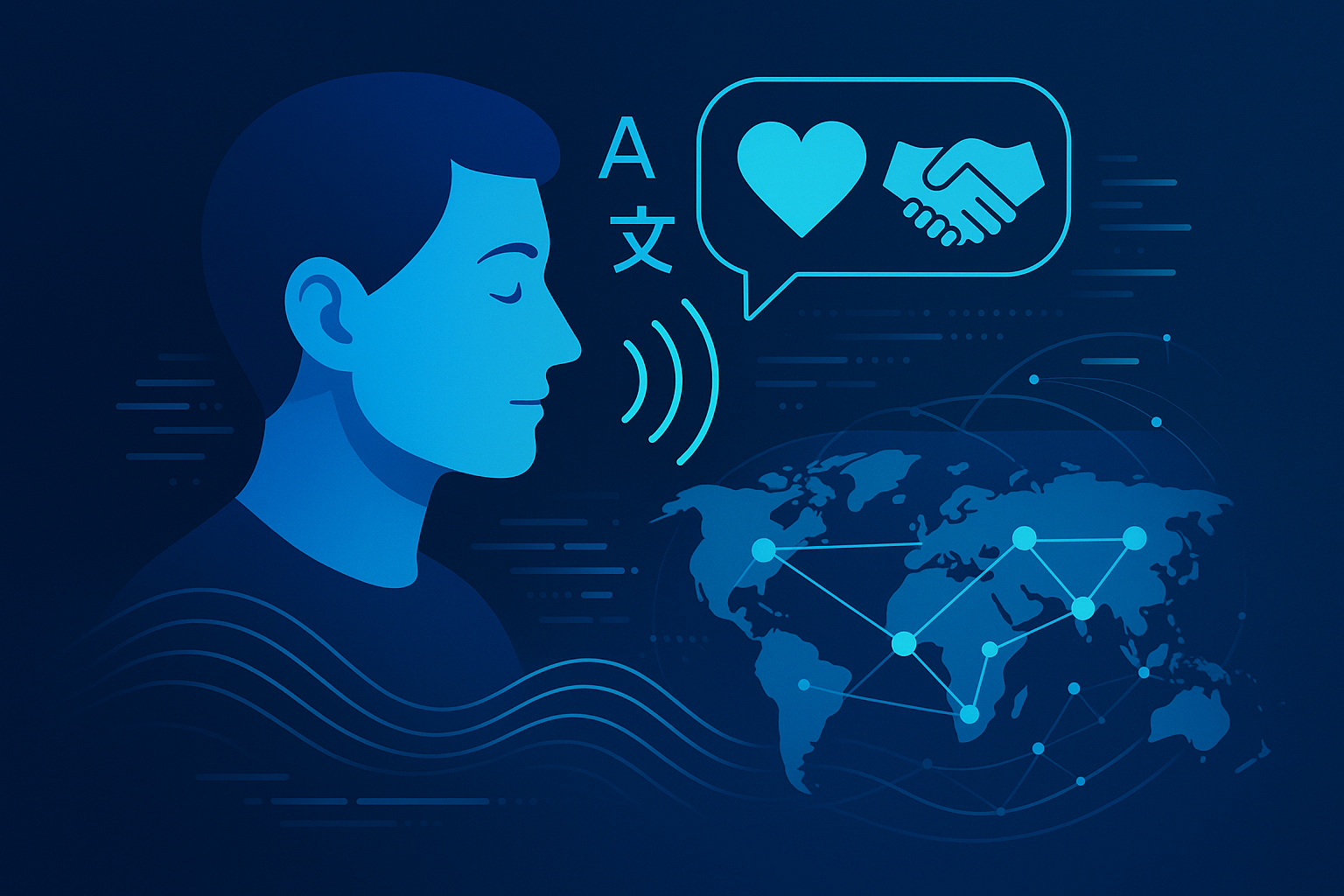 Modern flat illustration of trust, empathy, sound waves, maps, nodes, multilingual glyphs, and data streams.