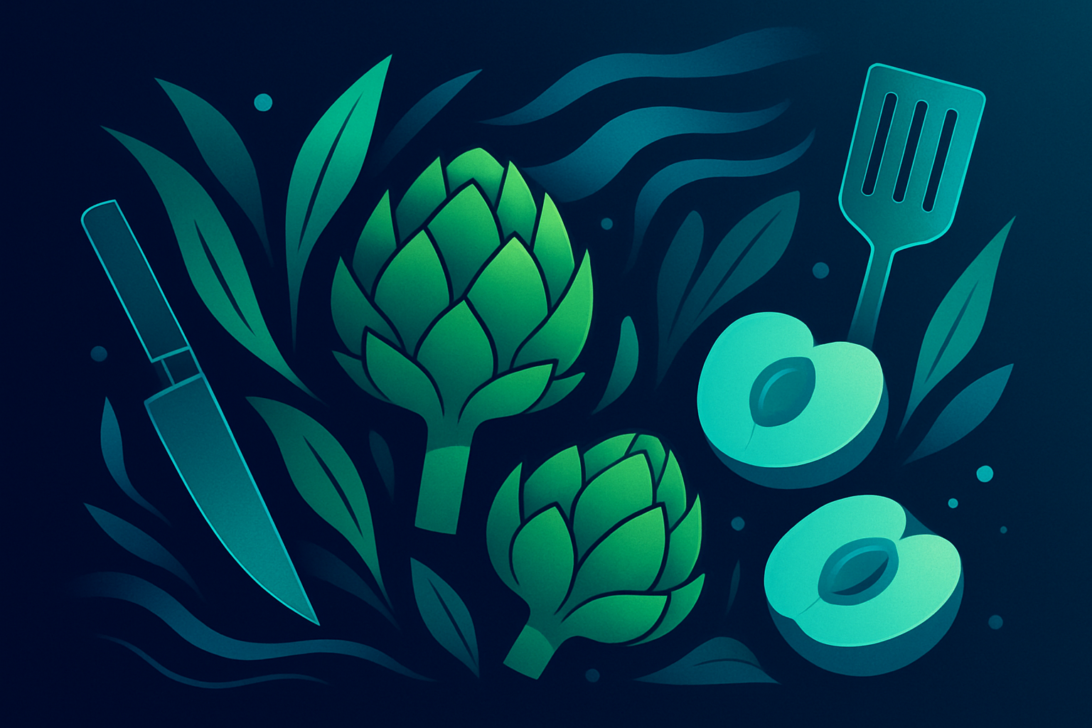Modern flat illustration with abstract greens, stone fruits, culinary tools, glowing cyan highlights.