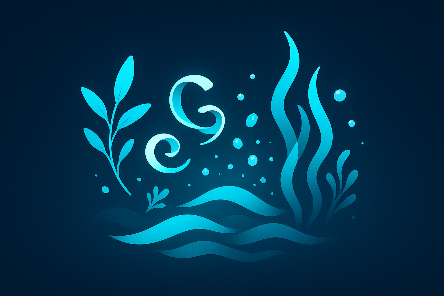 Modern flat illustration with abstract herbs, citrus, seaweed, and ocean mist on dark blue and cyan background.