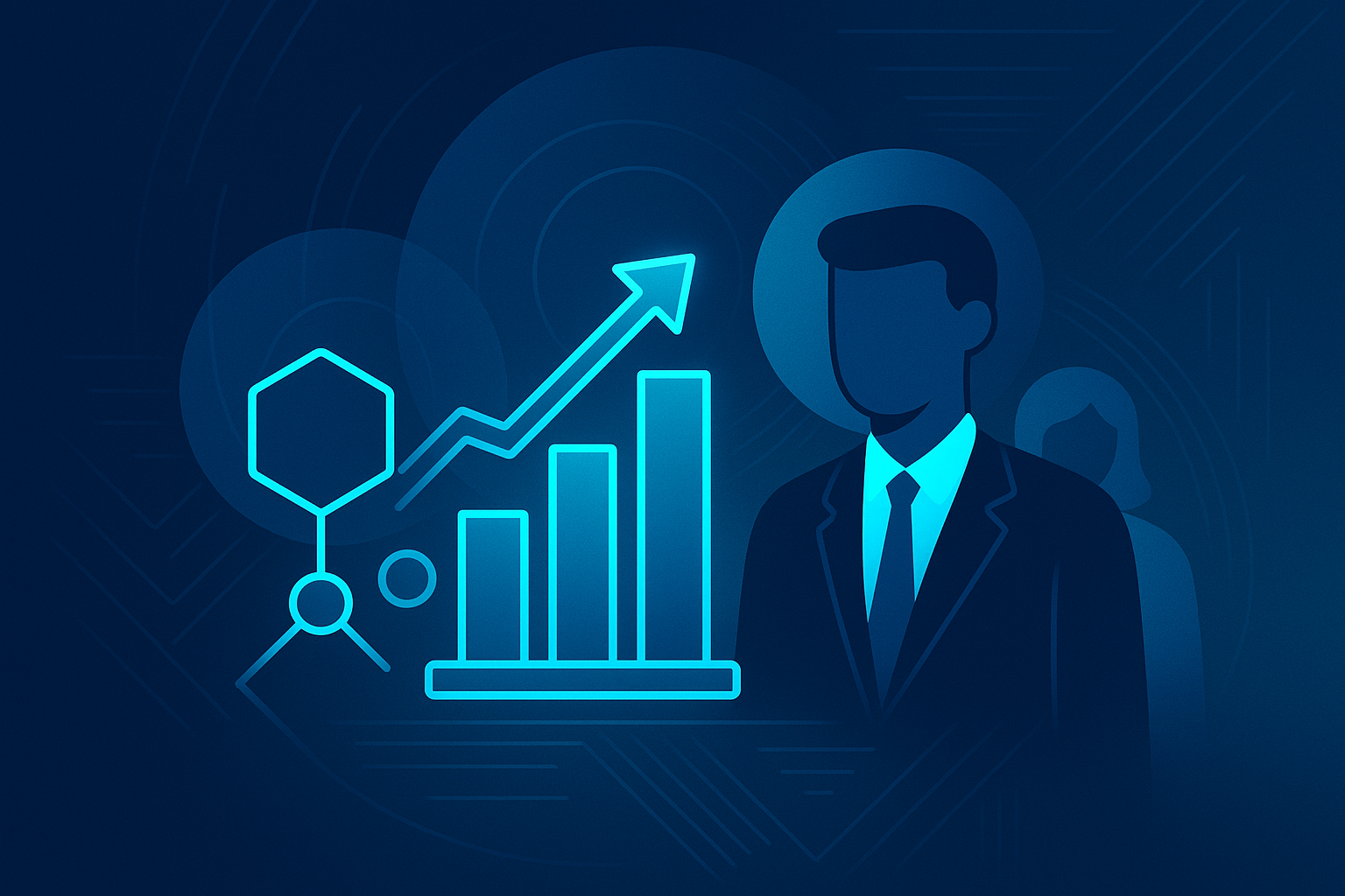 Modern flat illustration with geometric shapes, translucent circles, and linear patterns on dark blue background.