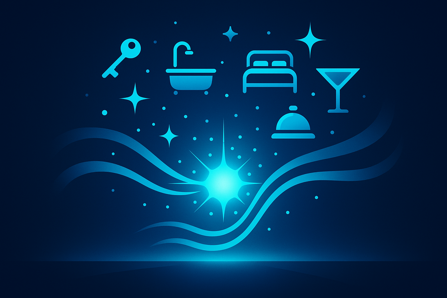 Modern flat illustration with glowing geometric shapes and light waves on a dark blue background.