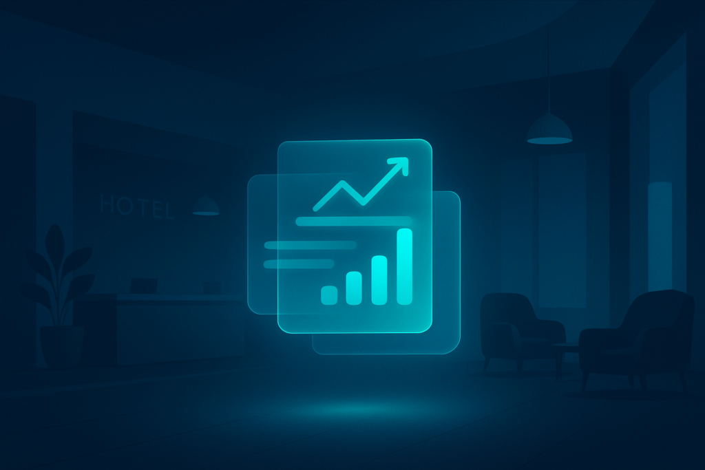 Modern hotel lobby illustration with digital interface, data streams, and upward graphs in blue and cyan.