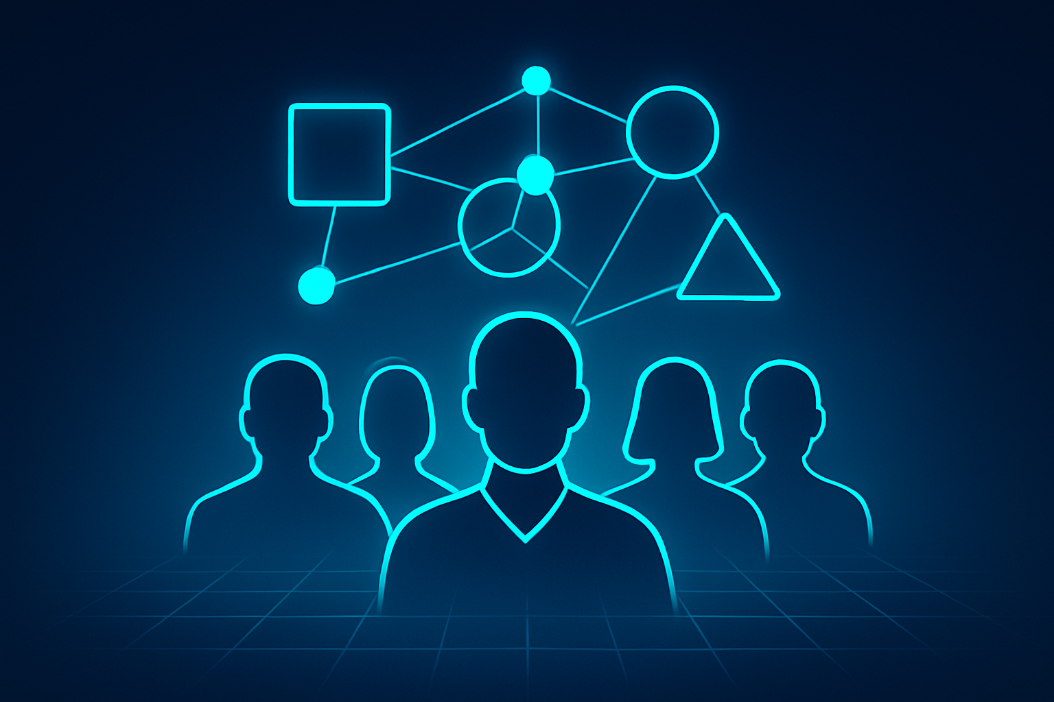 Modern illustration of interconnected glowing nodes, faceless team, and data flow on dark gradient background.