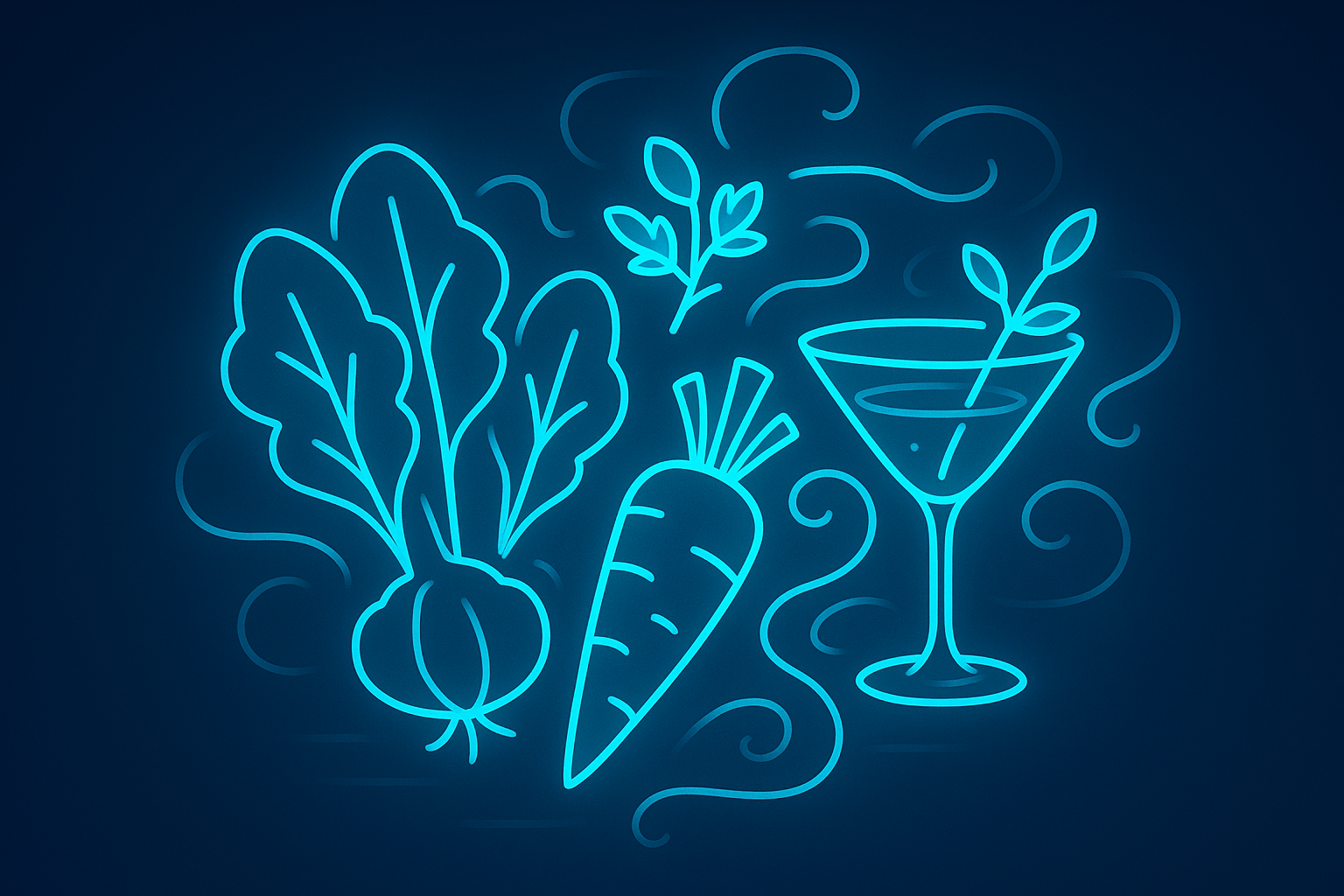 Modern neon illustration of farm produce, herbs, and vapor trails on dark blue gradient background.
