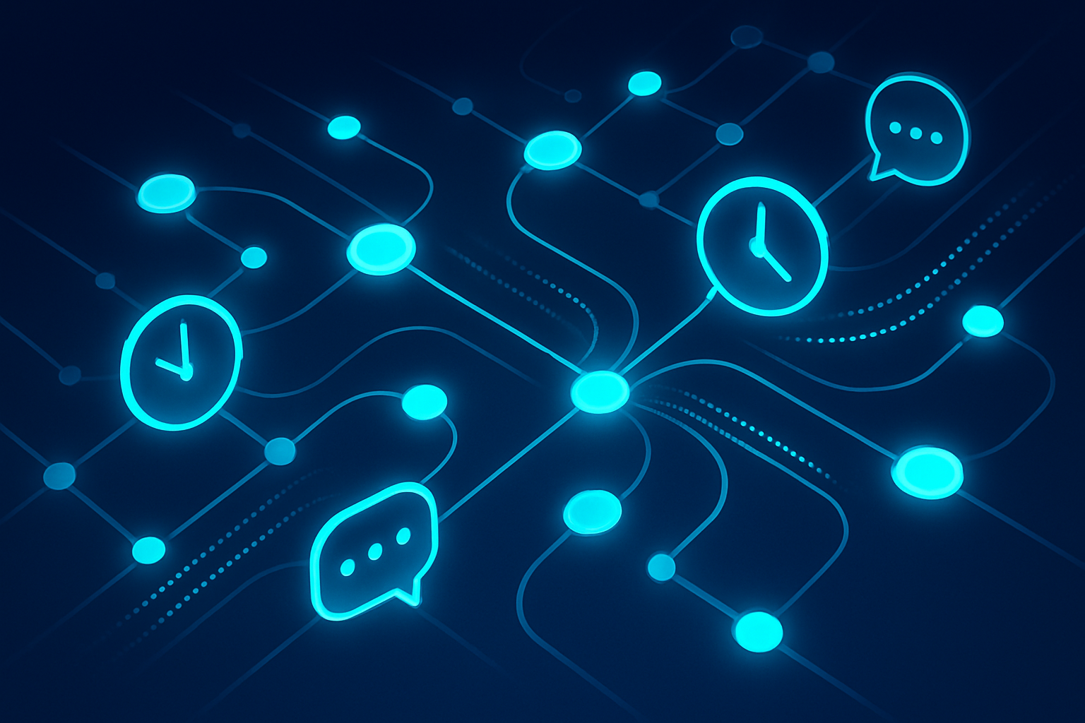 Modern network with glowing nodes, data streams, and symbols of clocks and speech bubbles.