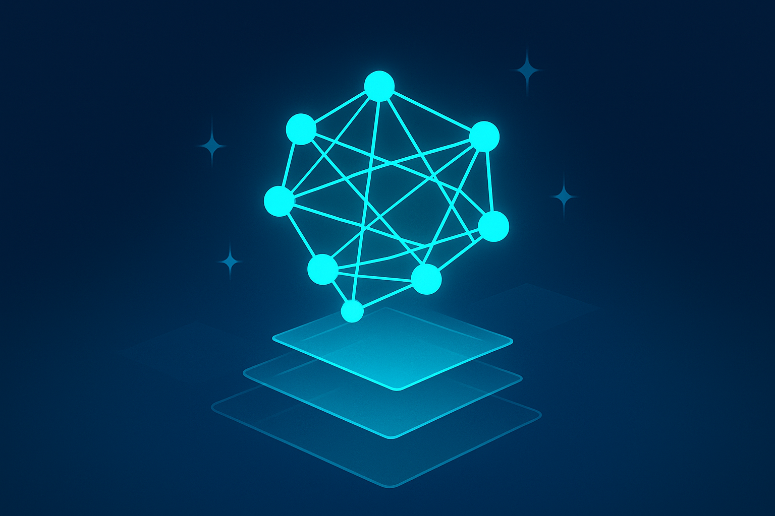 Modern neural network diagram with glowing cyan nodes and geometric progress layers over dark blue background.