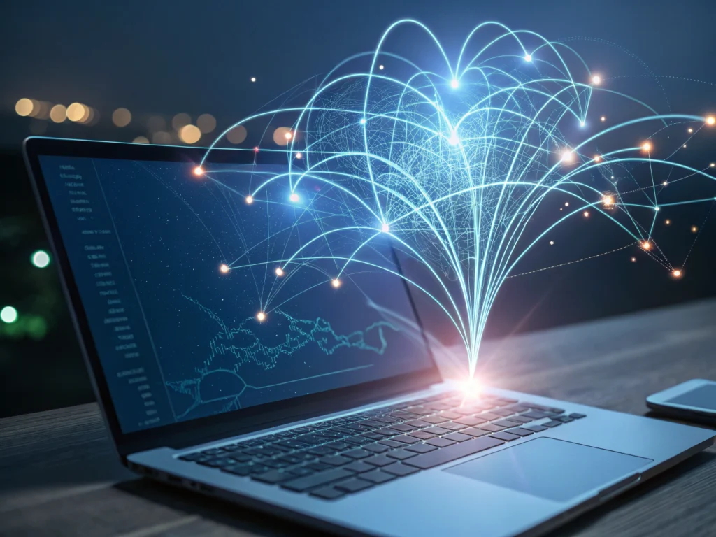Modern neural network illustration with glowing data streams converging toward a radiant core.