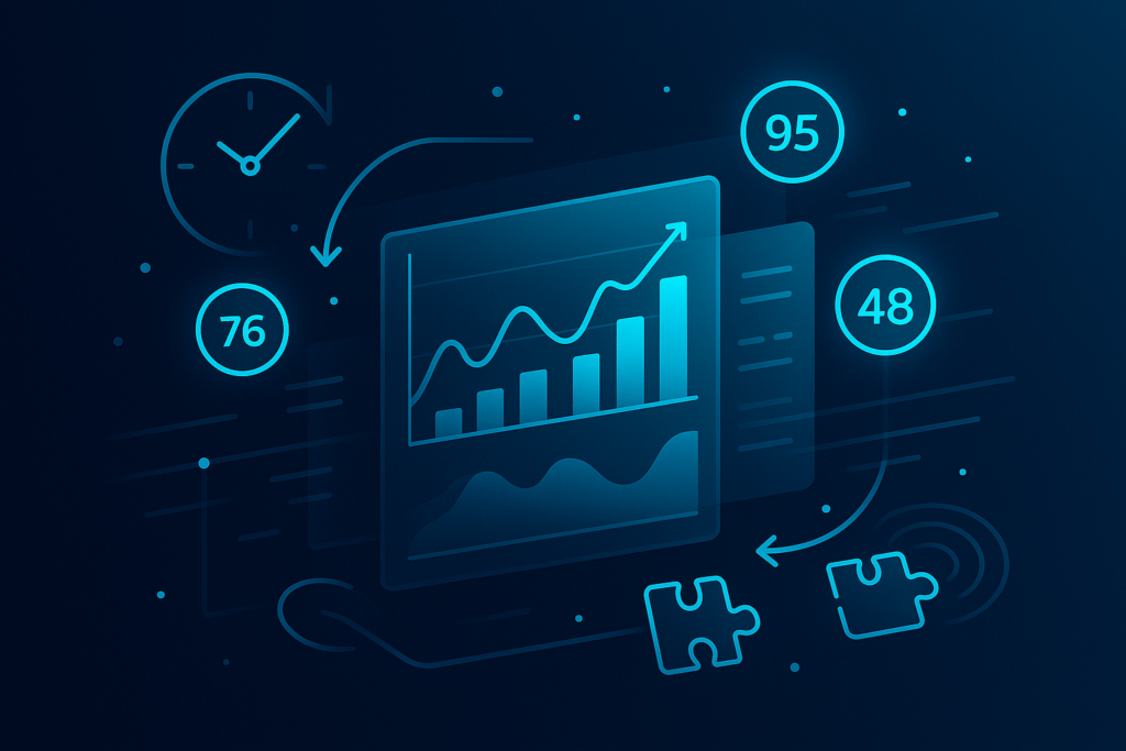 Modern tech-inspired illustration with data charts, connectivity icons, and performance symbols.