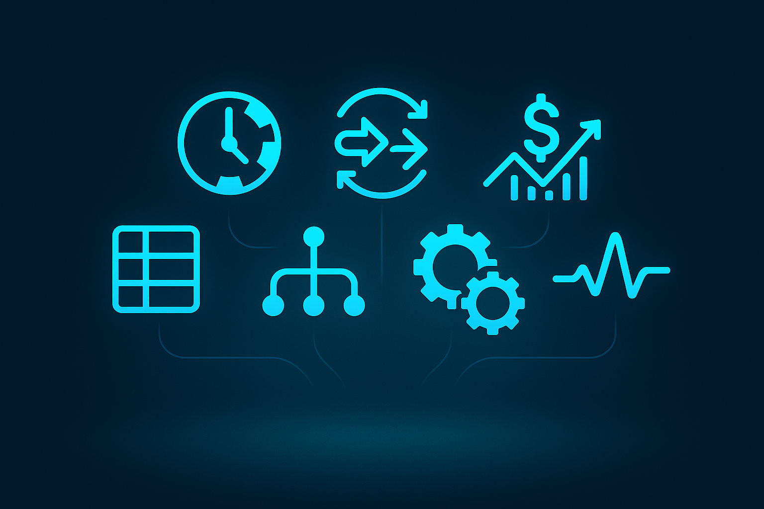 Seven glowing abstract icons representing restaurant management concepts over a dark gradient background with neon cyan highlights.