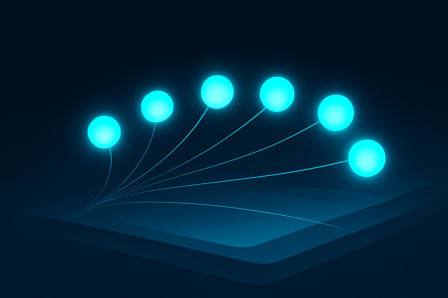 Six glowing neon cyan orbs connected by lines over a dark blue gradient with translucent shapes and tech ambiance.