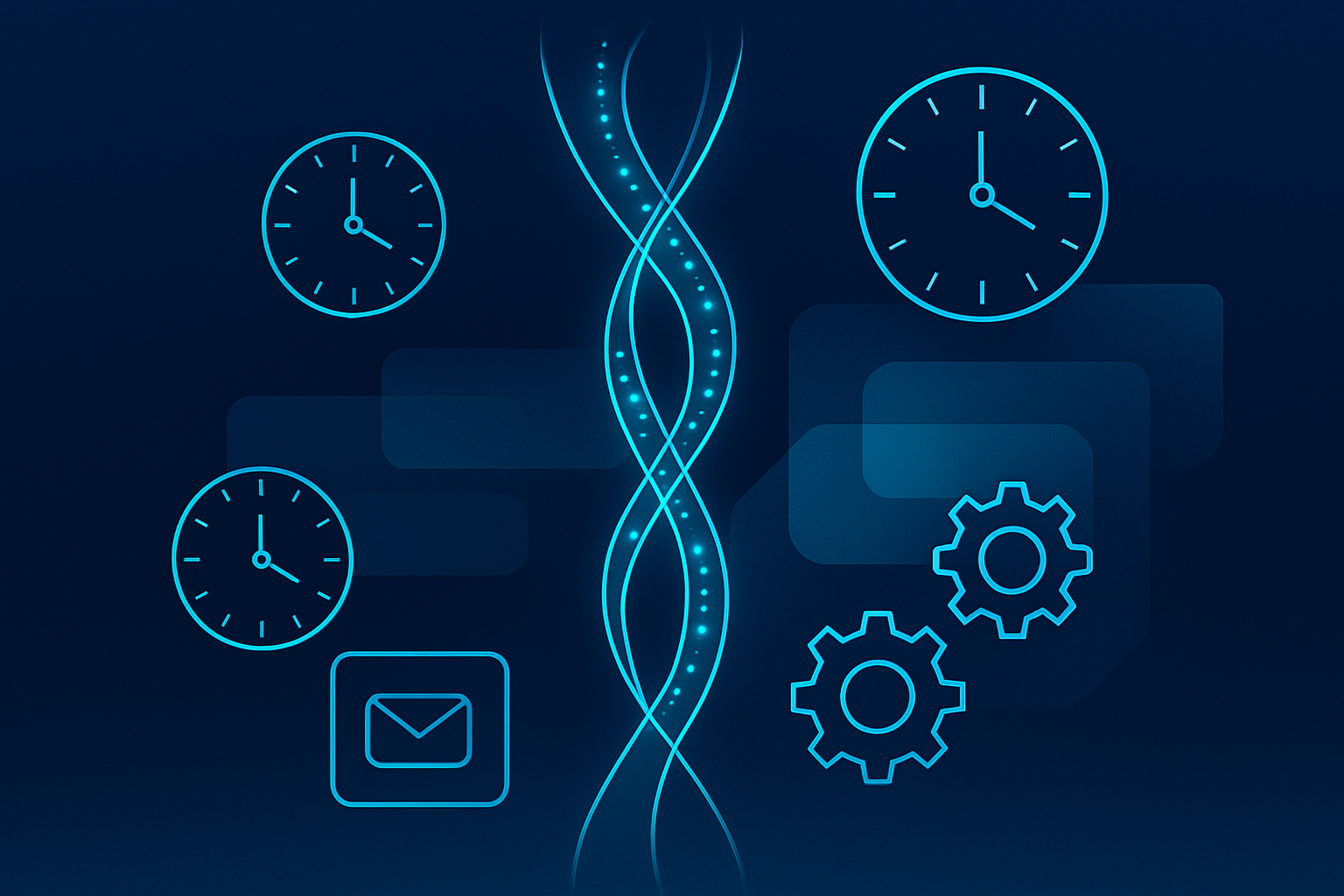 Sleek dark blue gradient background with cyan neon glowing data streams, clocks, and abstract shapes.
