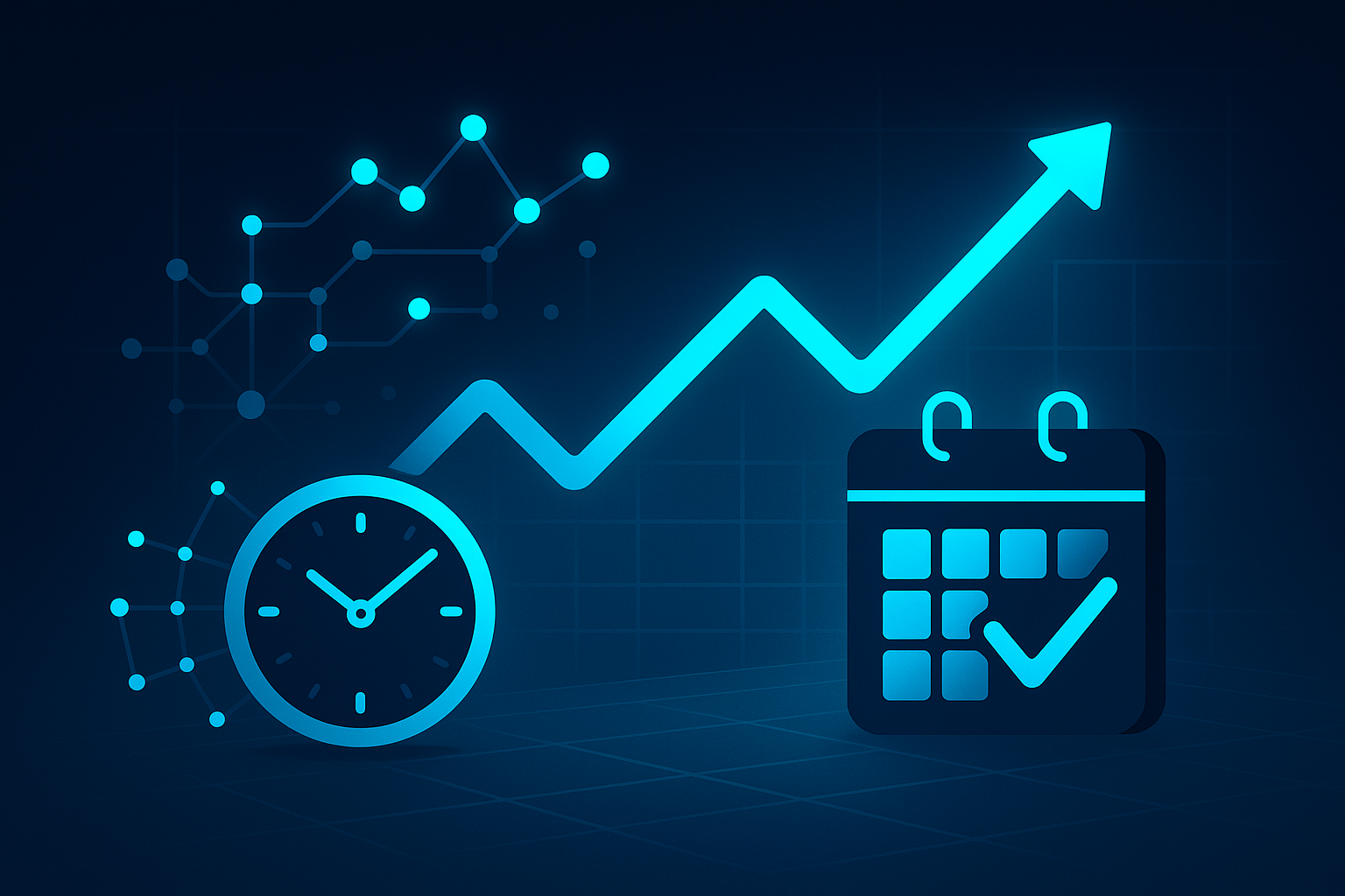 Sleek digital illustration of data flow, growth, scheduling, and automation in cool neon tones.
