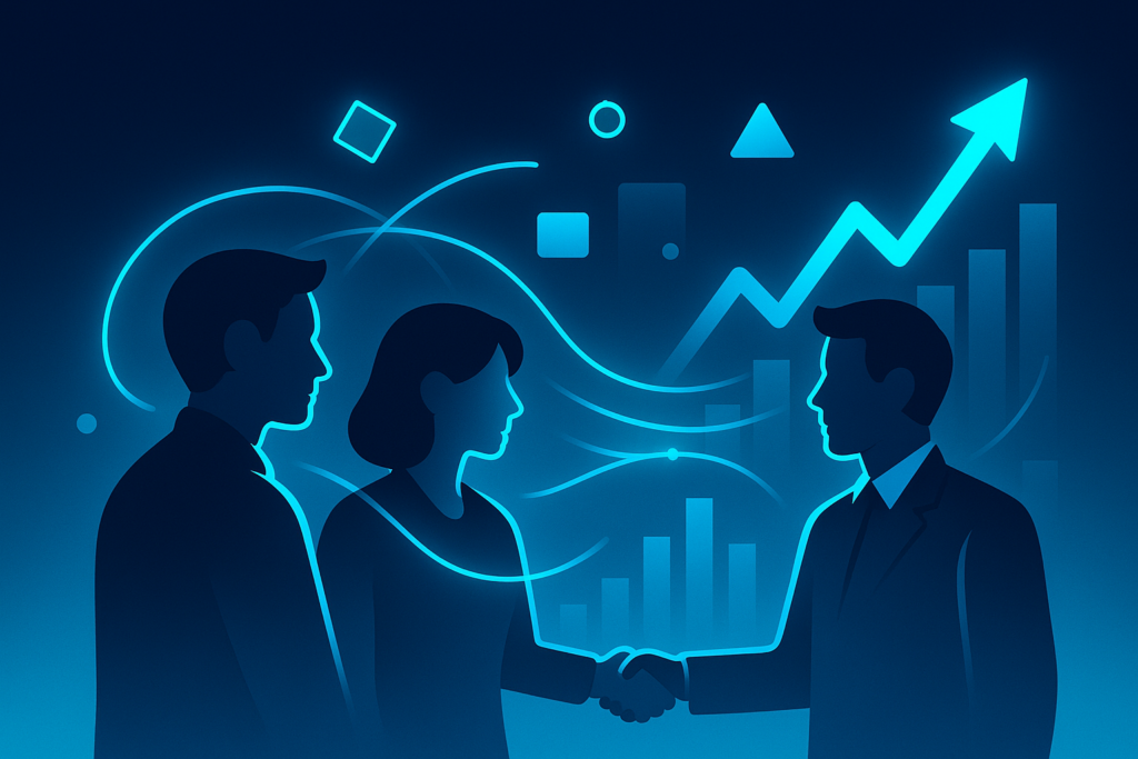 Sleek digital illustration of data streams, geometric shapes, and charts symbolizing collaboration and growth.