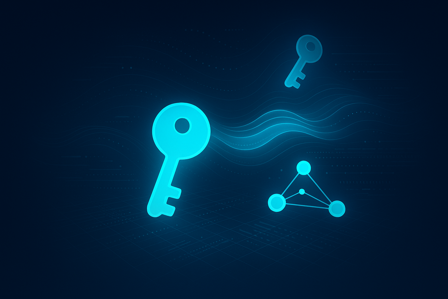 Sleek digital illustration of floating keys, AI waves, and interconnected nodes on dark blue background.