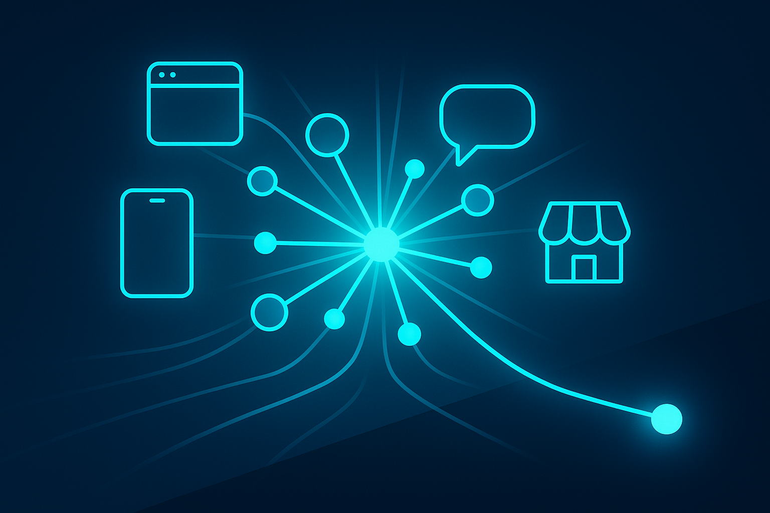 Sleek digital illustration of interconnected channels with glowing nodes and lines on dark blue background.