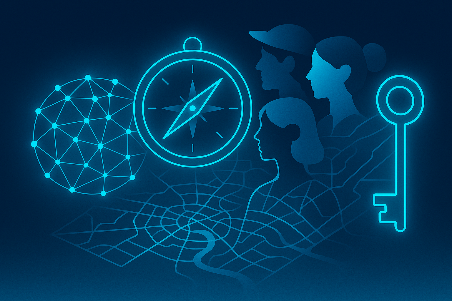 Sleek digital illustration of interconnected nodes, compass, and travelers on dark blue background with cyan highlights.