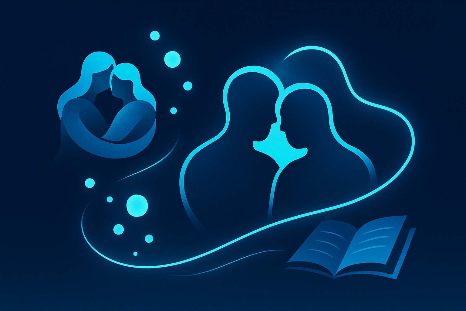 Sleek digital illustration of intertwined silhouettes, bubbles, and light trails on a dark neon background.