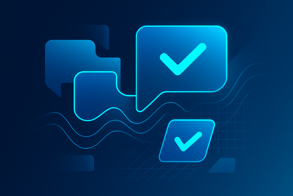 Sleek digital illustration with floating geometric shapes, waveforms, and grids in blue and cyan tones.