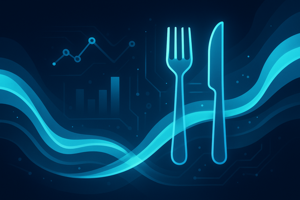 Sleek digital illustration with glowing data streams, geometric shapes, and translucent restaurant elements.
