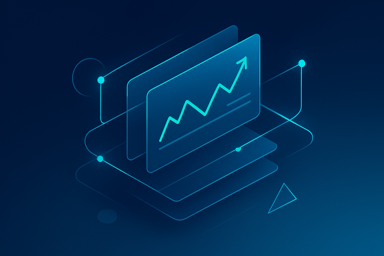 Sleek digital interface with translucent panels, glowing lines, geometric shapes in blue neon space.