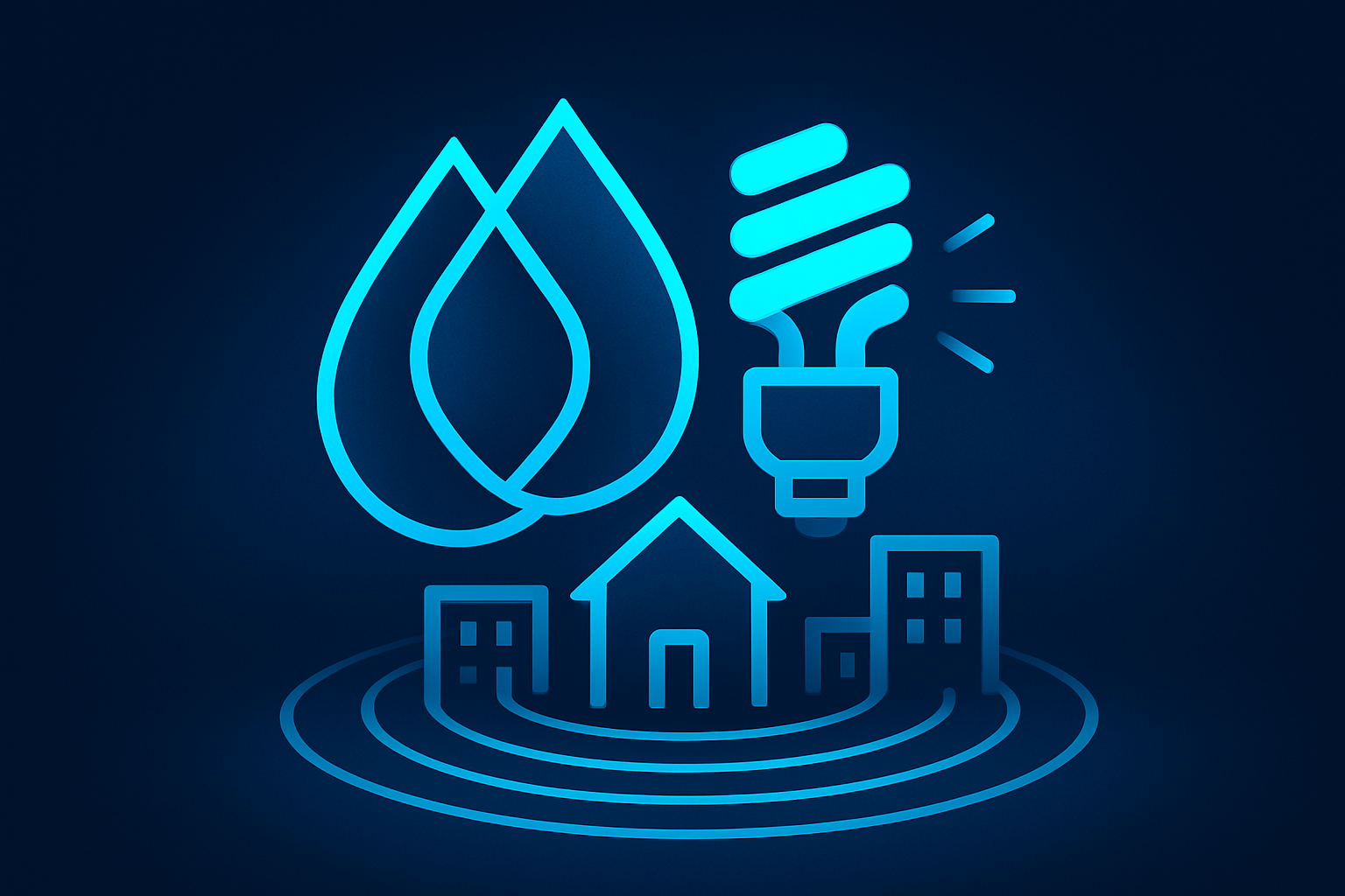 Sleek flat illustration of geometric water droplets, light filaments, and concentric circles in blue and cyan tones.