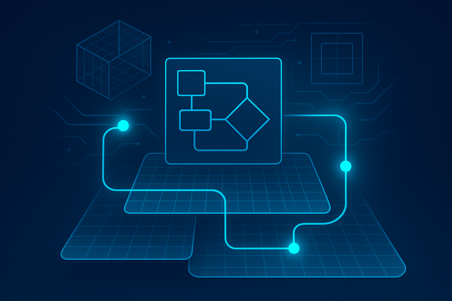 Sleek flat illustration of interconnected glowing circuits over layered grids with pulsing nodes.