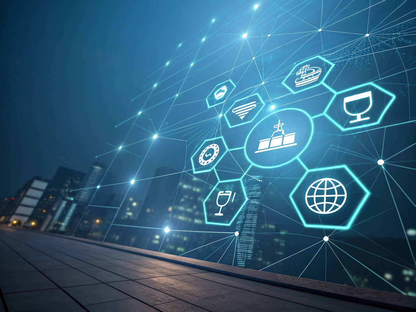 Sleek flat illustration of network lines, geometric shapes, and repair icons on dark blue background.