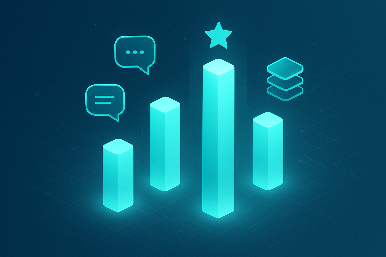 Sleek glowing cyan pillars with floating feedback icons, digital grids, and circuit lines in a tech scene.