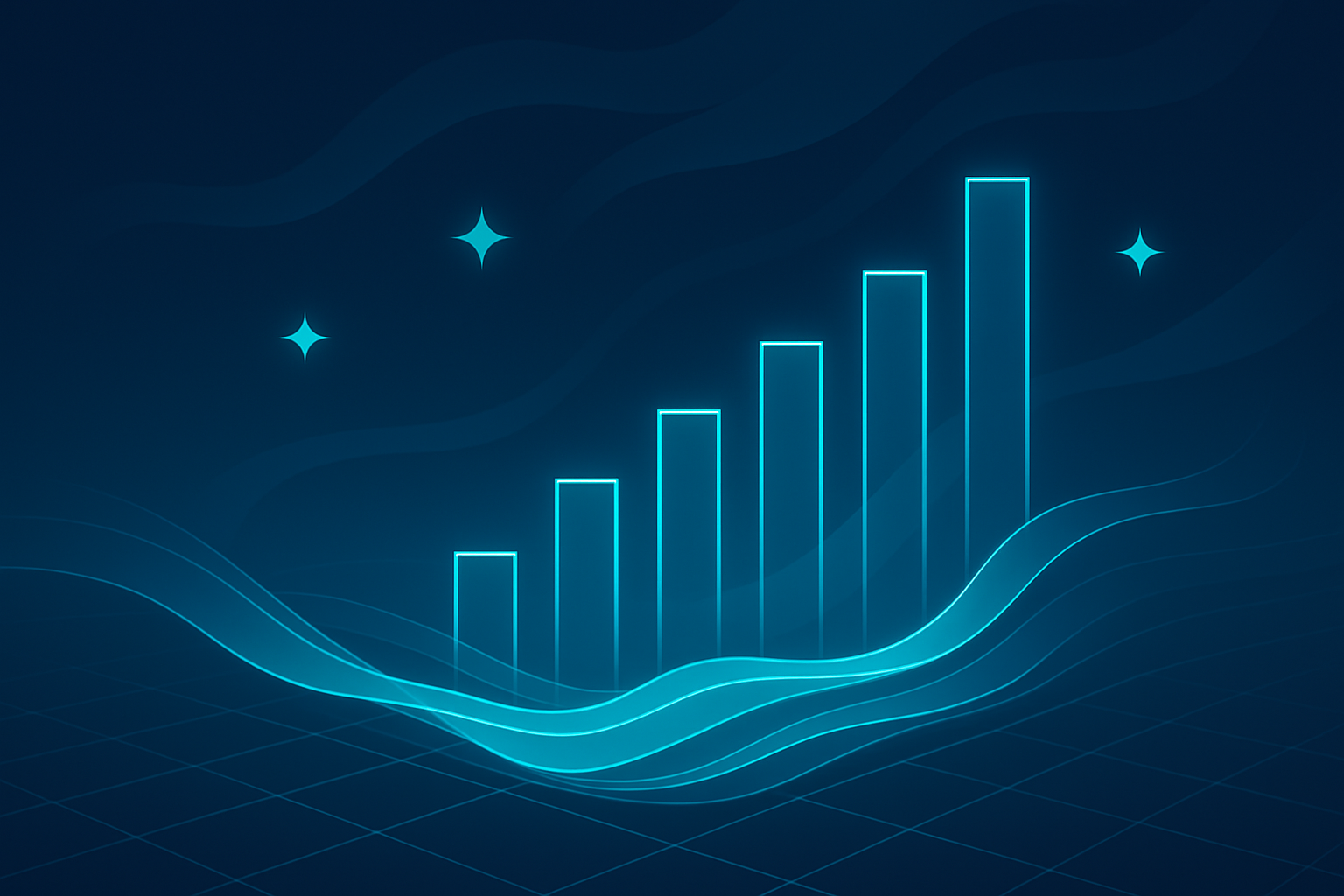 Sleek neon data streams, bar graphs, star glimmers, and flowing curves on dark blue background.