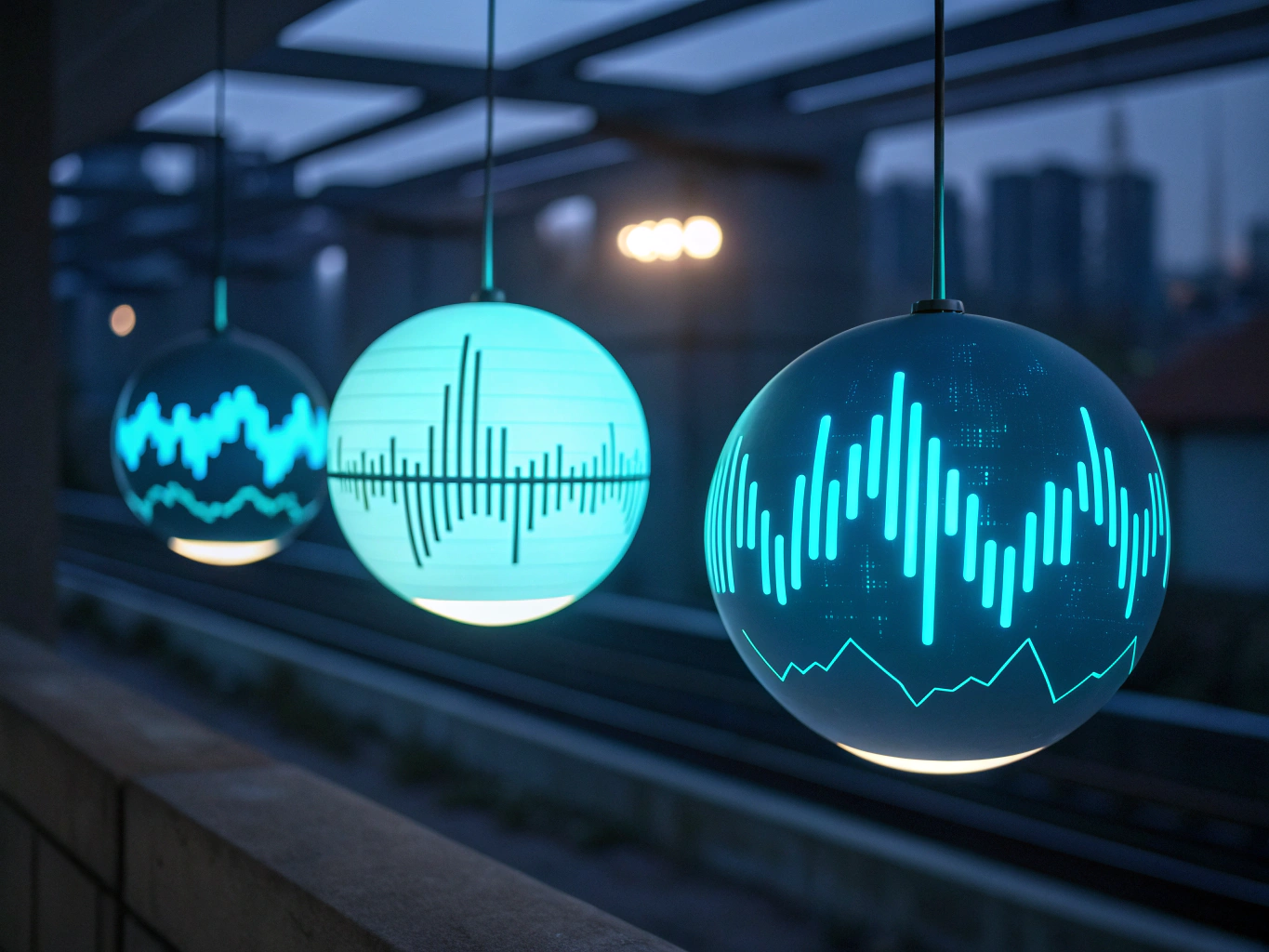 Three glowing abstract orbs representing digital data streams over a dark gradient background.