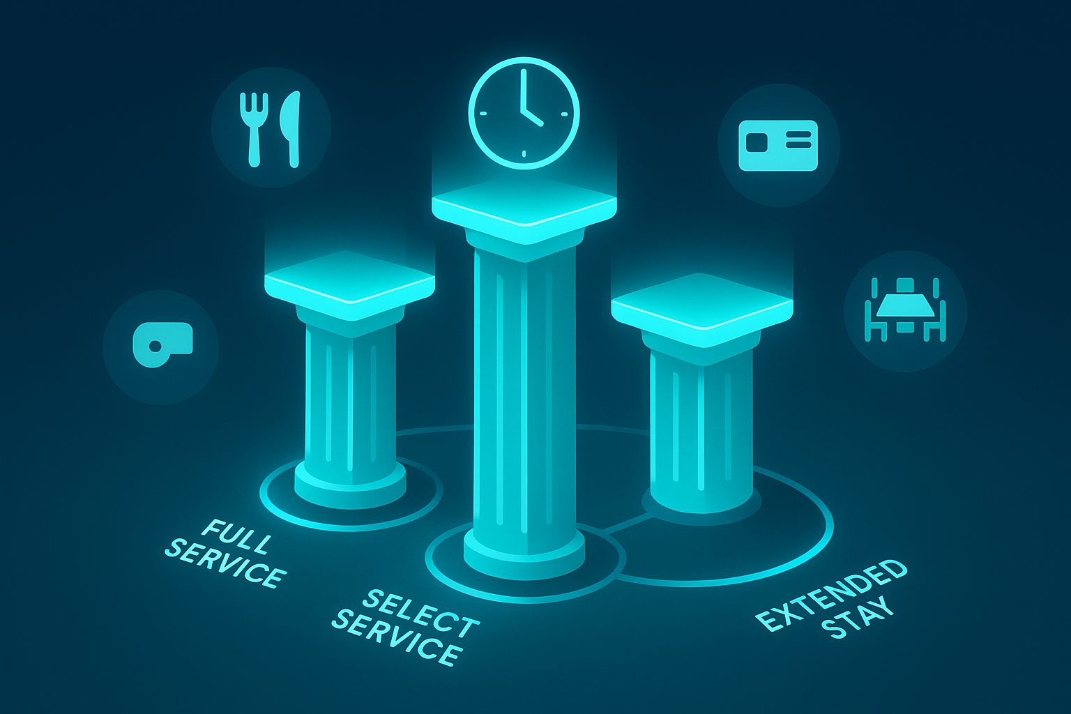 Three glowing neon cyan pillars representing hotel models with floating holographic icons in a tech-inspired setting.
